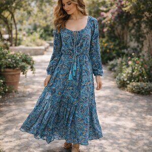 Karma Highway Maxi Dress LongSleeve Blue Paisley Gypsy Boho Lightweight Festival